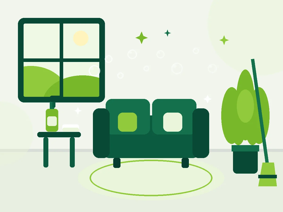 Illustration of a bright, freshly cleaned living room with a sofa, houseplant, cleaning spray and sparkles