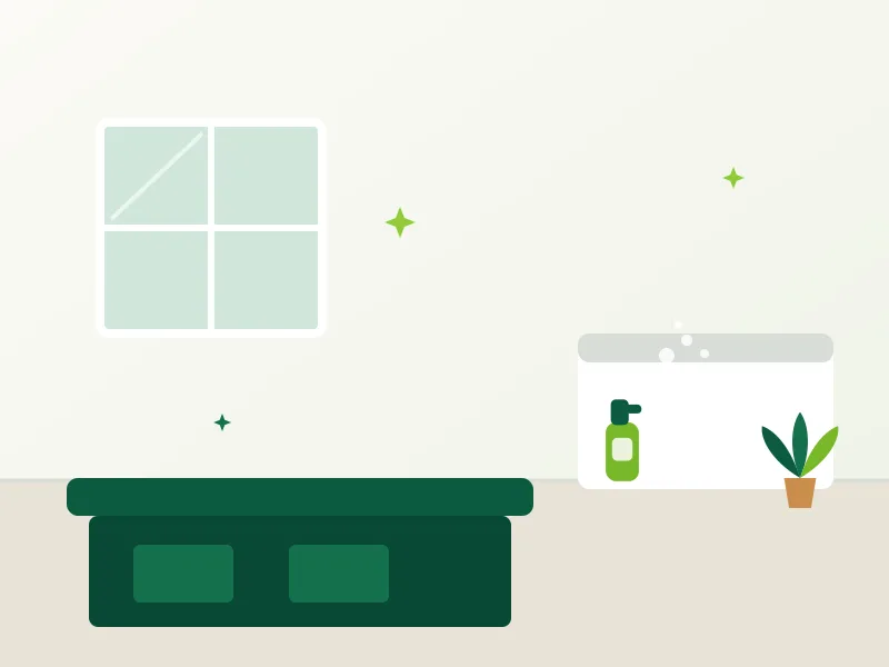 Illustration of a sparkling clean kitchen with cleaning spray, bubbles and a houseplant