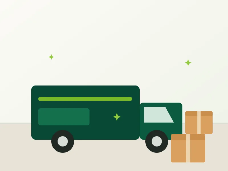 Illustration of a green Busy Beavers moving van beside neatly stacked moving boxes